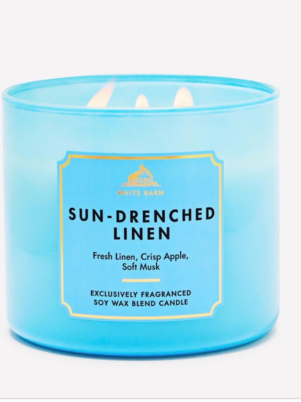 White Barn Sun-Drenched Linen 3-Wick Candle - Light Blue Glass NEW